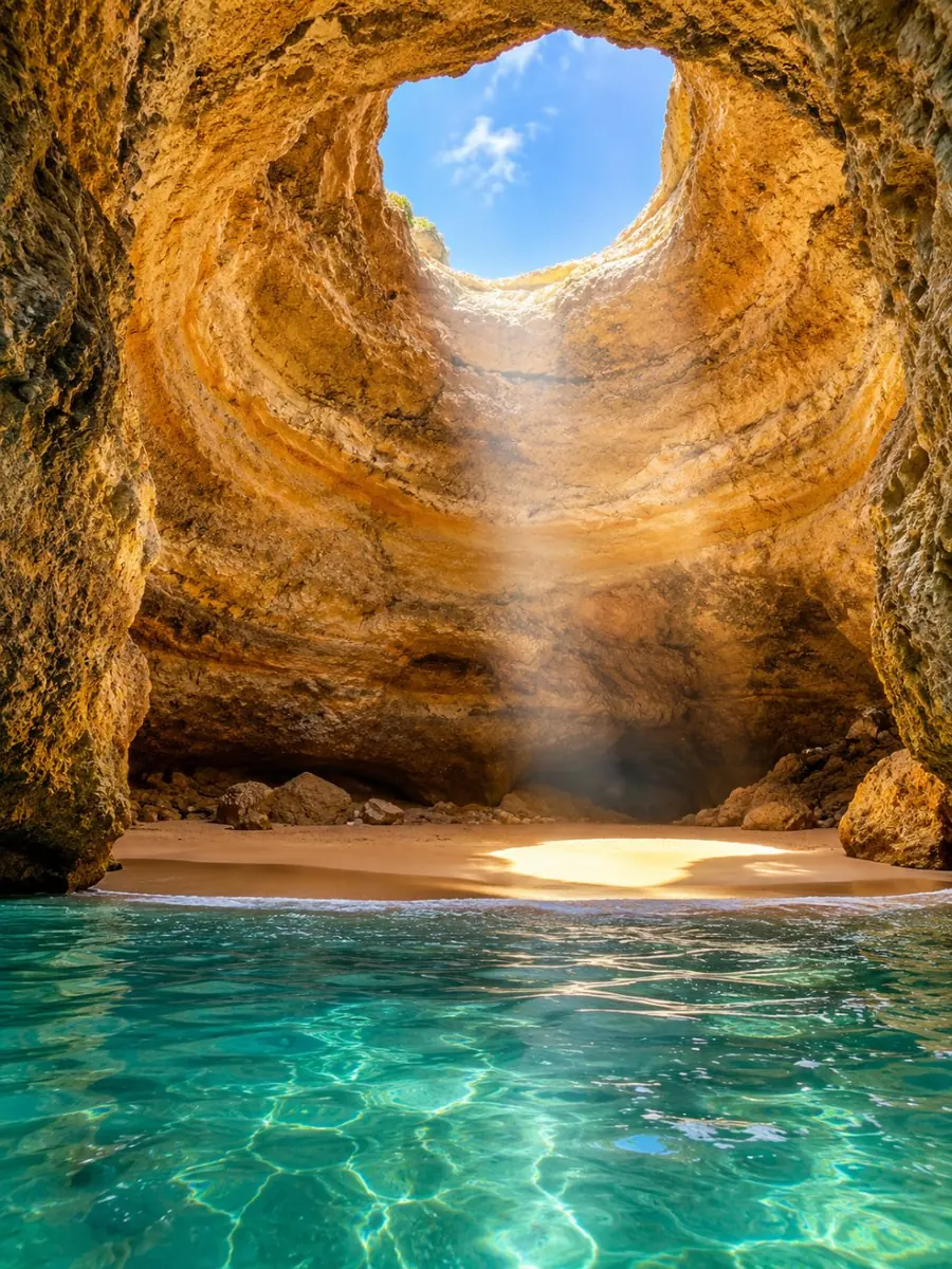 À l'intérieur de la grotte de Benagil depuis l'eau : un plafond voûté en calcaire avec un puits de lumière rond et un rayon de soleil sur une petite plage déserte